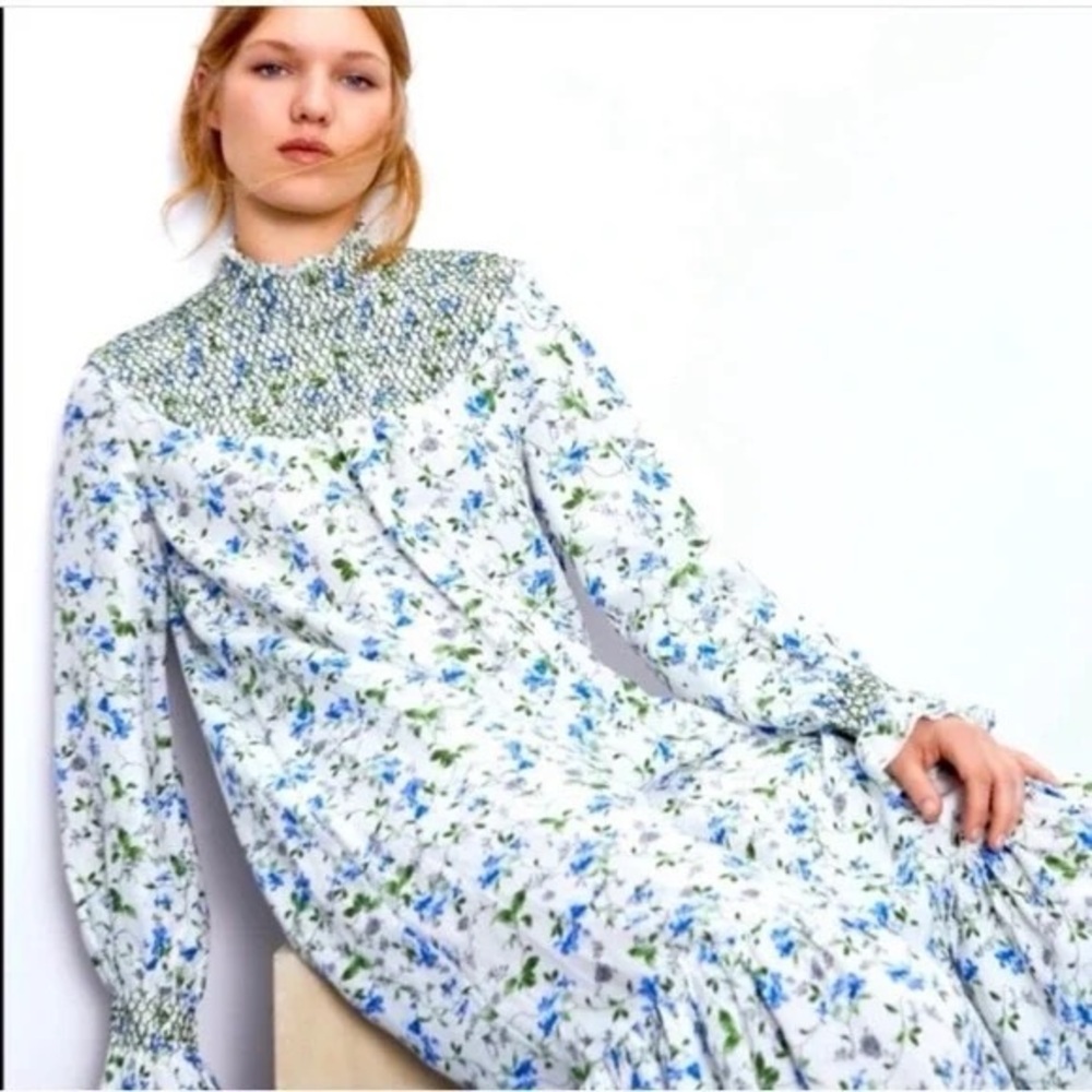 Zara Blue and Green Floral Long Sleeve Dress